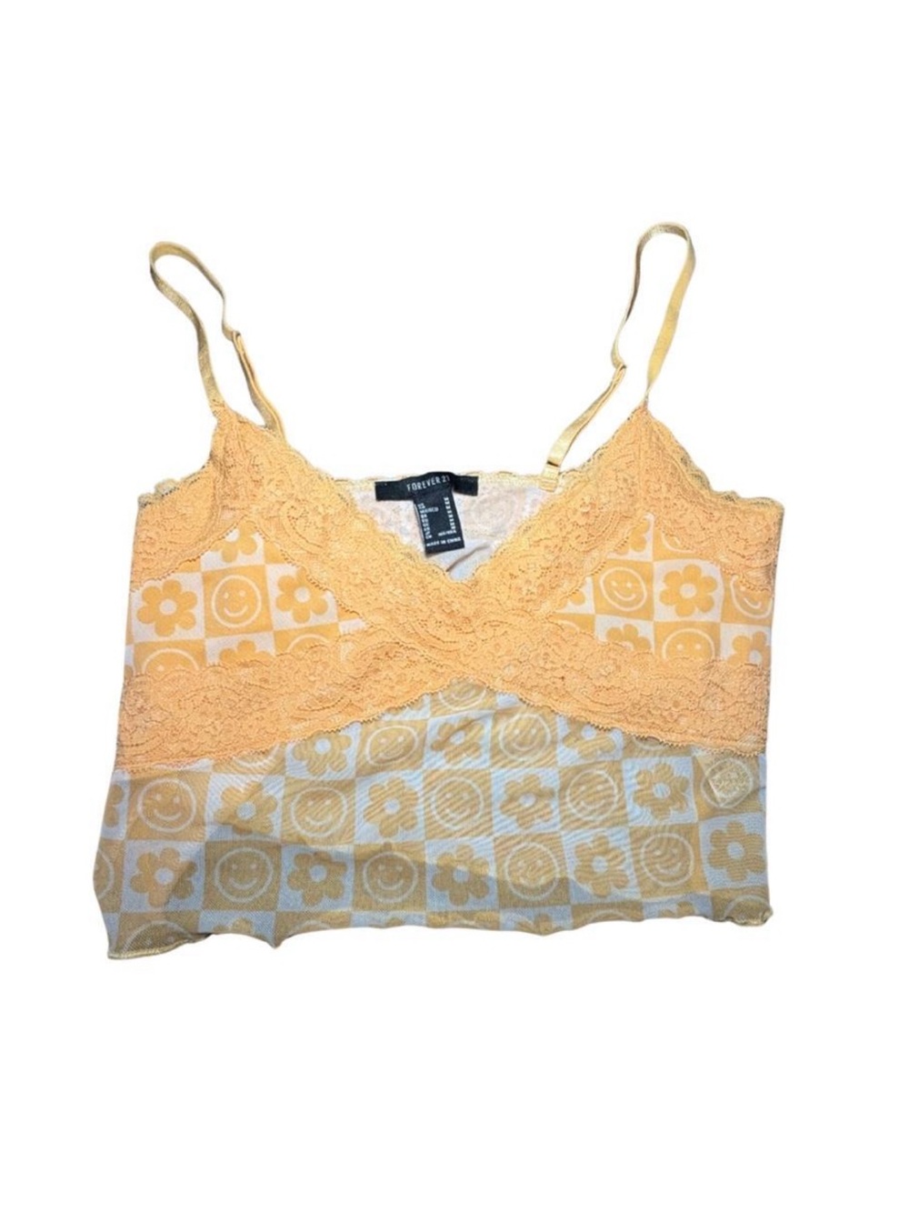 Forever 21 Yellow Lace-Trim Floral & Smile Print Cami